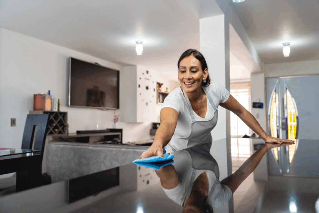 Residential cleaning team polishing a modern kitchen island in a South Elgin home.