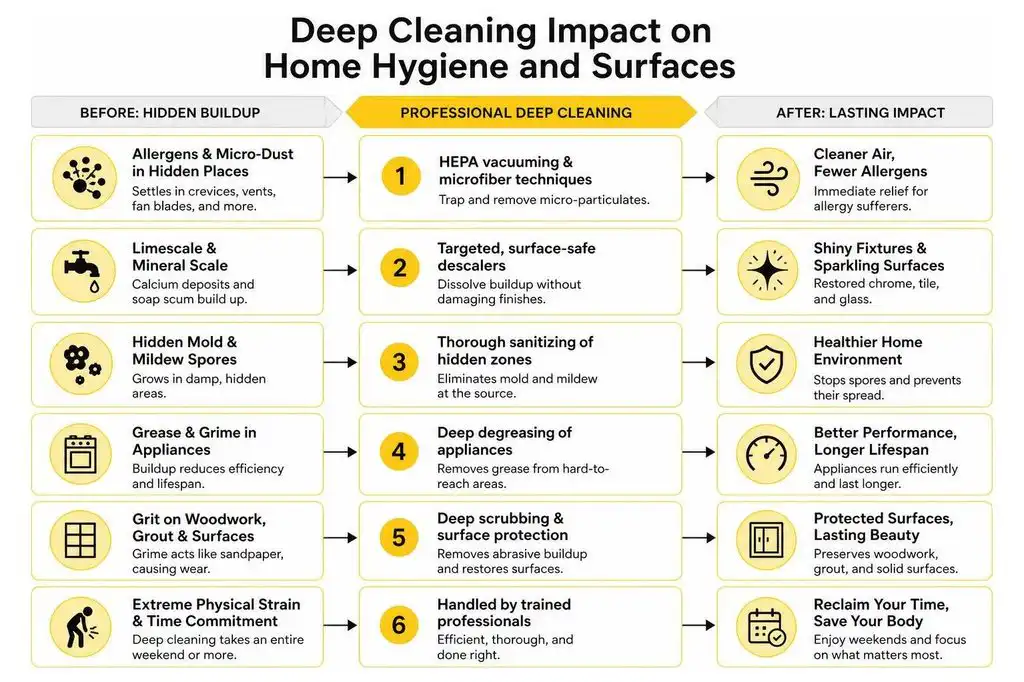 Infographic showing how professional deep cleaning removes allergens, limescale, mold, grease, and grime to improve home hygiene and protect surfaces.