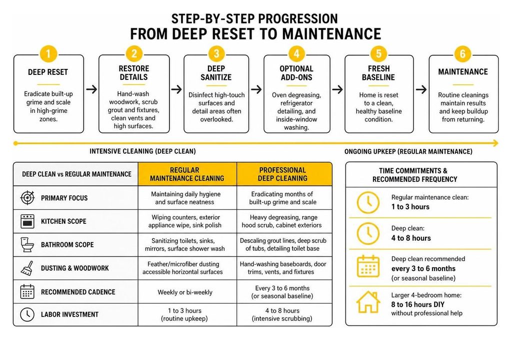 Infographic showing the step-by-step progression from a professional deep clean to regular maintenance cleaning, with a comparison table and recommended frequency.