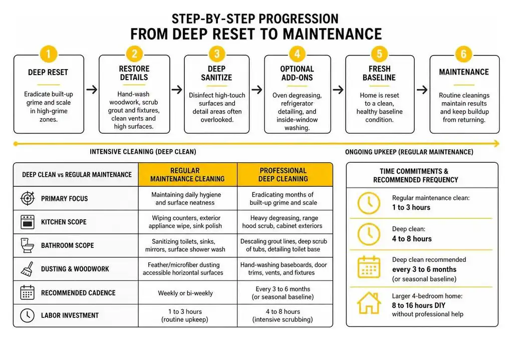 Infographic showing the step-by-step progression from a professional deep clean to regular maintenance cleaning, with a comparison table and recommended frequency.